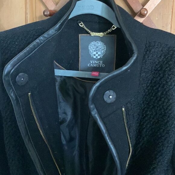 Vince Camuto black wool blend faux leather belted coat - Picture 8 of 11